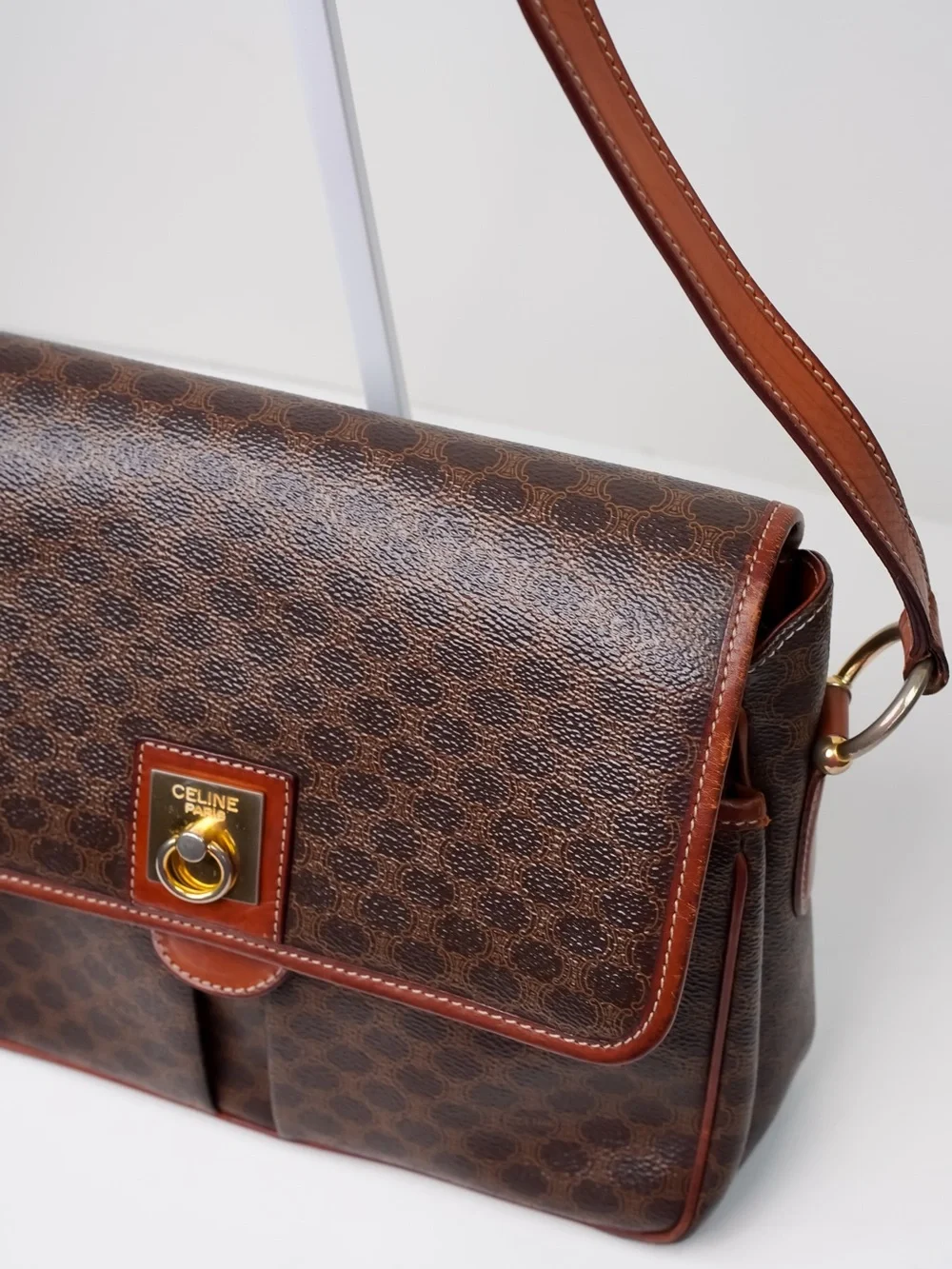 Vintage CELINE Macadam Monogram Crossbody Bag Brown Leather 90s